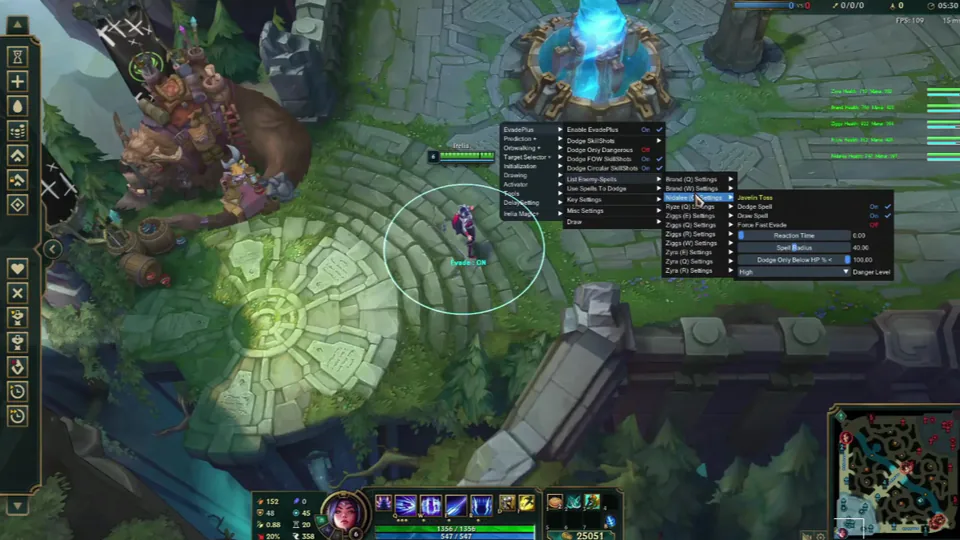 League of Legends cheat mod menu with EvadePlus skillshot dodge settings